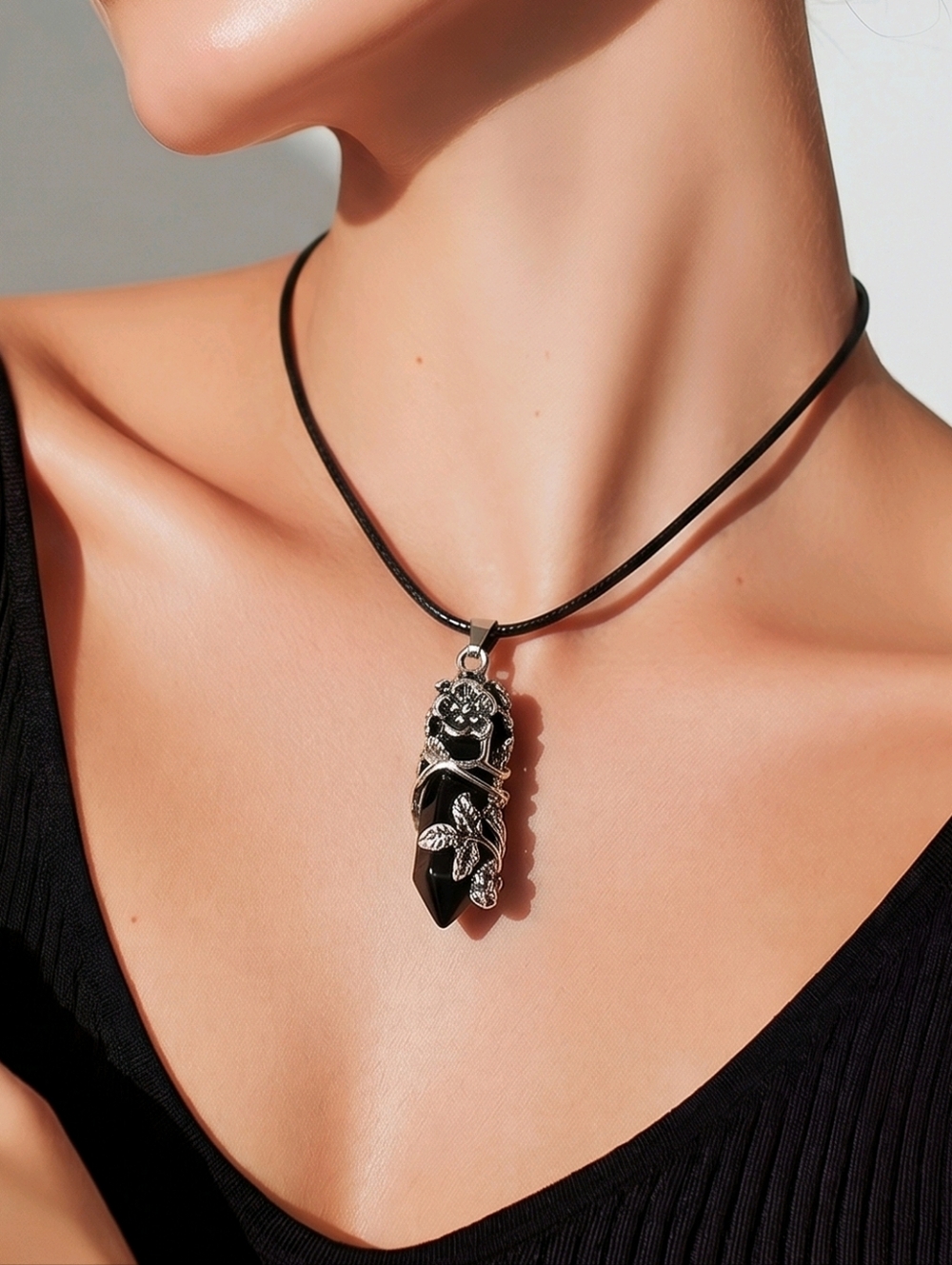 Black Crystal Necklace Onyx Style Point Pendant Floral Wrap Edgy Minimal Dark